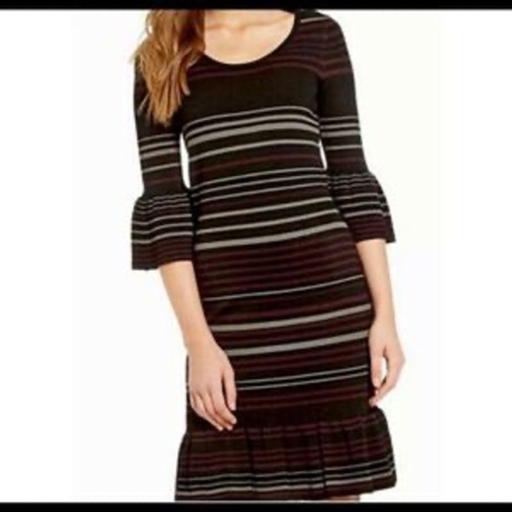 (A3) Max Studio MSSP Women Black Striped Bell Ruffle Hem‎ Knit Midi Dress XS